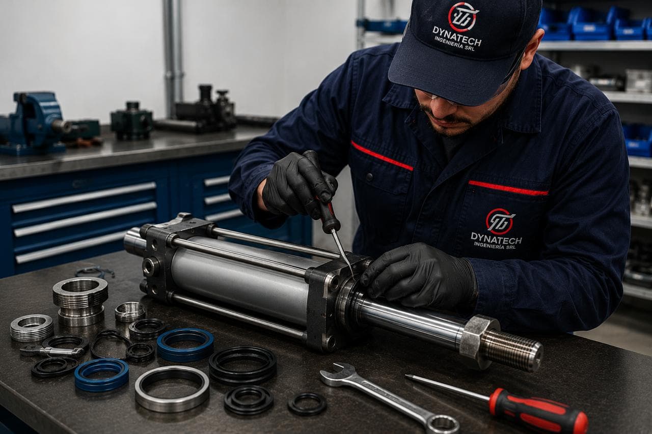 Imagen de referencia: técnico reparando un cilindro neumático