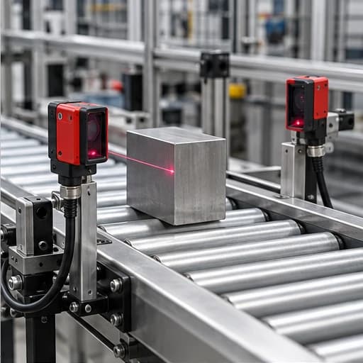 Fotografía editorial de sensores fotoeléctricos industriales junto a una banda transportadora